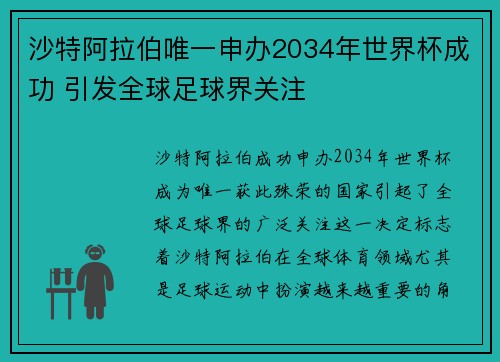 沙特阿拉伯唯一申办2034年世界杯成功 引发全球足球界关注 沙特阿拉伯唯一申办2034年世界杯成功 引发全球足球界关注